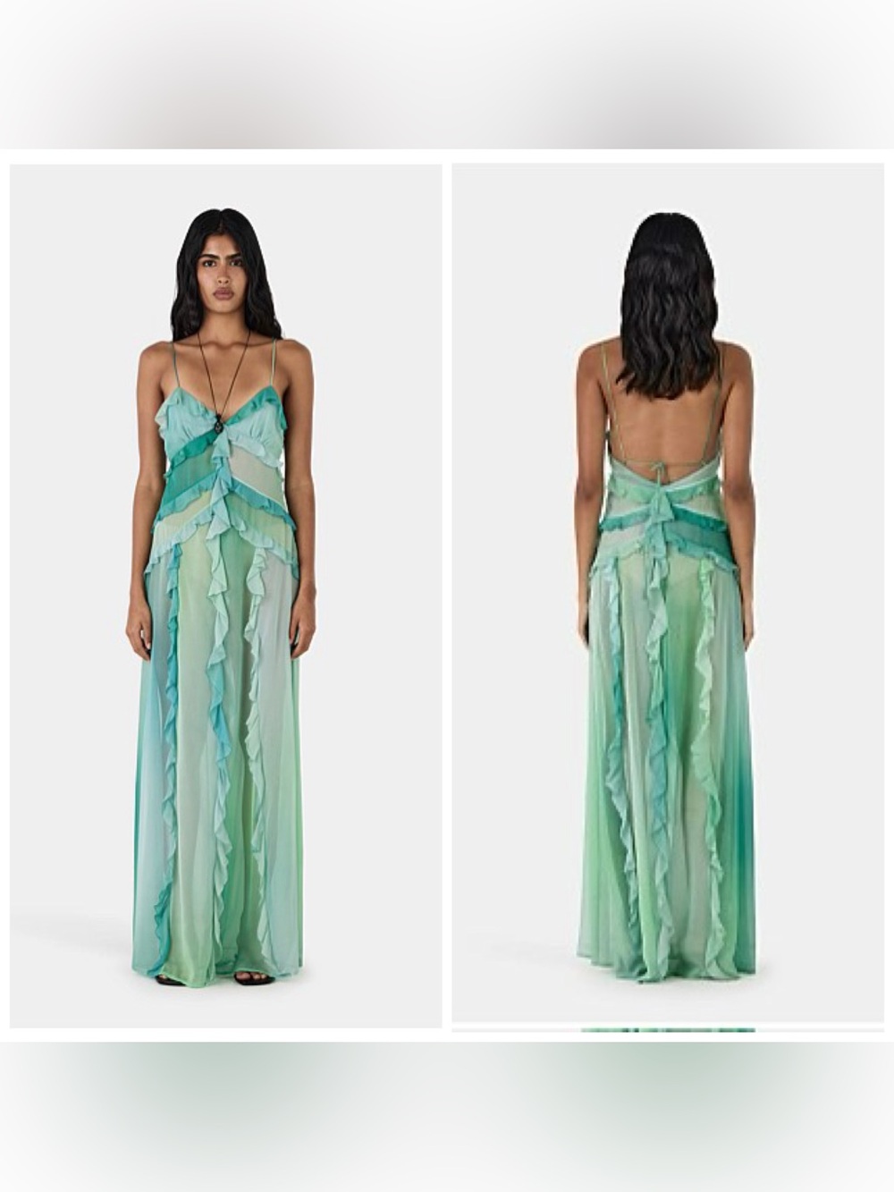 Hansen & Gretel Laila Silk Maxi Dress Green Ruffle Medium